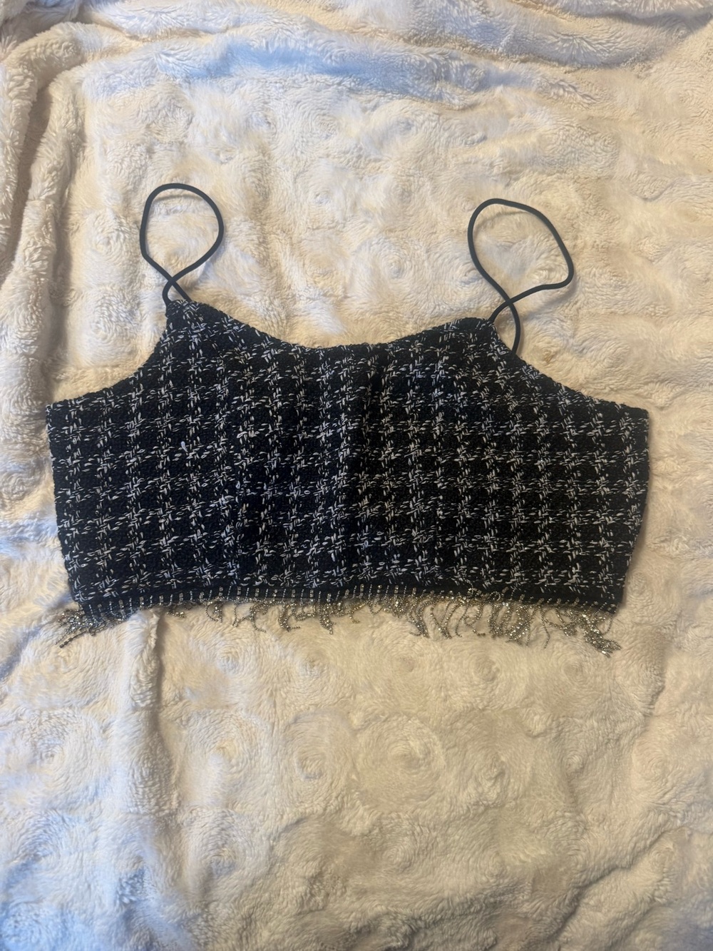 SHEIN Black & White Tweed Fringe Crop Cami